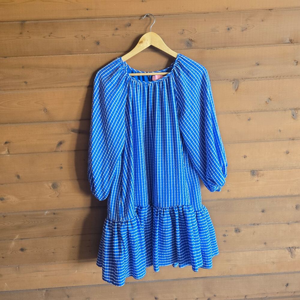 LDT Seersucker Gingham Mini Dress Preppy Puff Sleeve 4 Sorority Drop Waist Boho - Picture 2 of 6